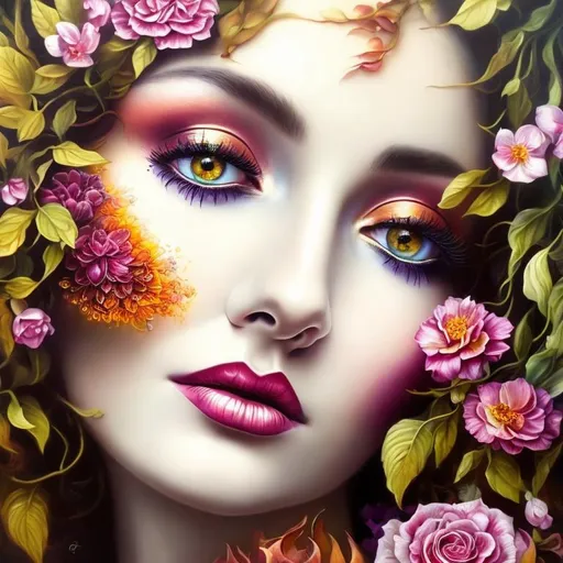 Prompt: Beautiful  hybrid woman with flowers sprouting from her, oil painting, detailed fiery eyes, ethereal glow, dark and mysterious, high quality, vibrant colors, surreal, haunting, intricate floral details, intense gaze, mystical atmosphere, oil painting, demon, hybrid, fiery eyes, ethereal, vibrant colors, surreal, haunting, floral details, intense gaze, mystical atmosphere