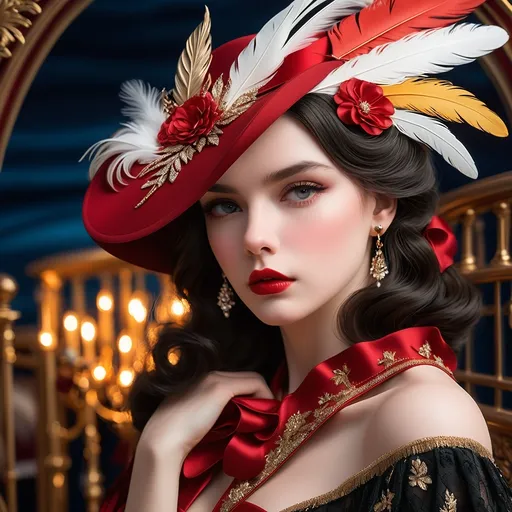 Prompt: <mymodel>fashionable 1st class  female passenger on the Titanic, pale skin, dark styled hair, large lips,  looking sad, facial closeup, vibrant colors, red dress and elaborate hat with feathers