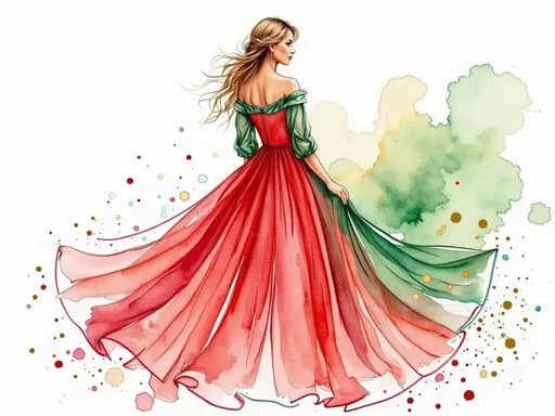 Prompt: Woman wearing a  festive, vibrant red and green Christmas dress
