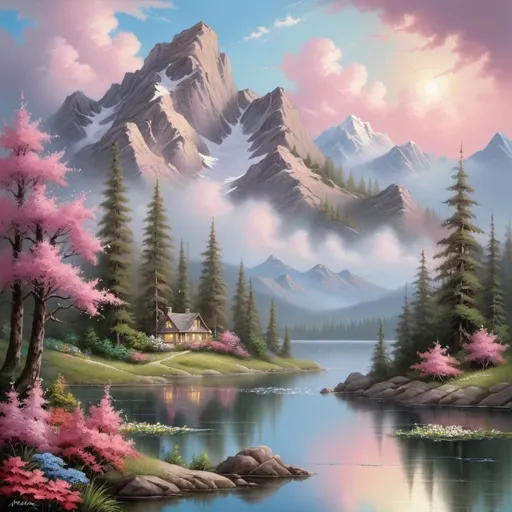 Prompt: a painting of a mountain lake surrounded by flowers and trees with a sky background and a pink sky and clouds, Bob Ross, fantasy art, kinkade, a detailed matte painting