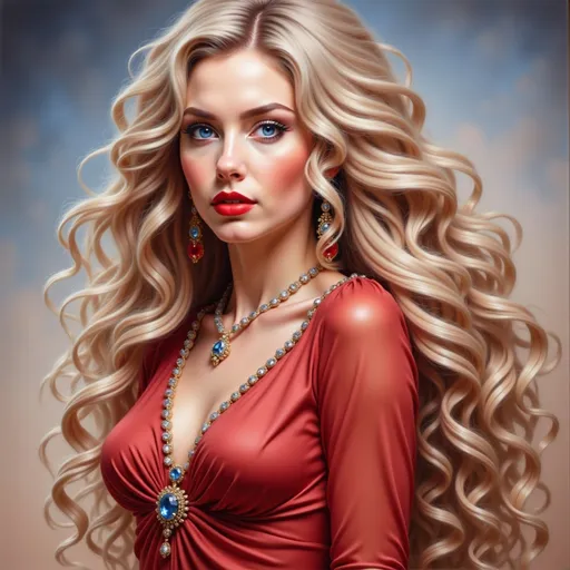 Prompt: a painting of a woman with long blonde hair wearing a red dress and a necklace with a diamond on it, Artgerm, figurative art, highly detailed digital painting, a photorealistic painting