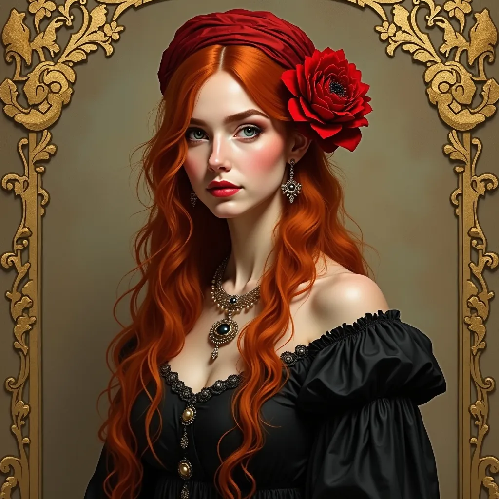 Prompt: a painting of a woman with red hair and a red flower in her hair, wearing a black dress and a red headband, Altoon Sultan, qajar art, highly detailed digital painting, a detailed painting