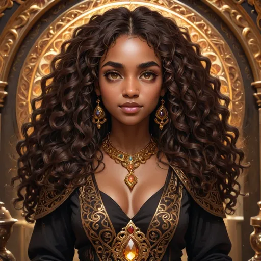 Prompt: A young black woman with expressive, deep brown eyes and long, voluminous curly hair engages the viewer with a serene yet captivating gaze. She is adorned in a rich, dark brown garment intricately embroidered with golden patterns that complement her opulent jewelry, including large, ornate earrings and a layered necklace featuring vibrant gemstones. The background is a warm, glowing halo adorned with floral motifs that enhance the ethereal atmosphere of the composition. Soft lighting imbues the scene with a sense of warmth and vitality, emphasizing the richness of her attire and the depth of her expression. This portrait encapsulates a blend of elegance and strength, suggesting a narrative steeped in cultural heritage and beauty.