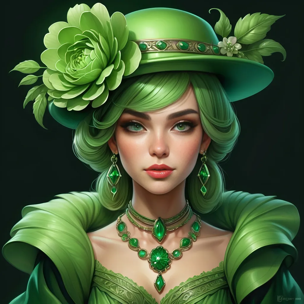 Prompt: a woman wearing a green hat and green jewelry with a flower on her head and a green dress and necklace, Artgerm, fantasy art, highly detailed digital painting, a detailed painting