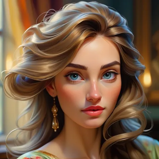 Prompt: Beautiful woman, oil painting, elegant attire, flowing hair, striking features, 4k, realistic, vibrant colors, classical art style, soft lighting