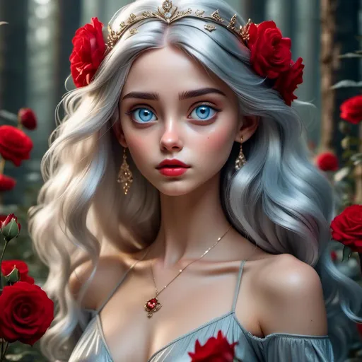 Prompt: <mymodel>Fairy tale, beautiful girl with white skin, (perfect face), light golden hair, blue pupils, red lips, forest style, mysterious, vintage fashion-dresses, with a transparent crystal crown on her head, the woman's body is so white Glows, (high detail) sitting on an oversized red rose, hyperdetail, ultra high definition.