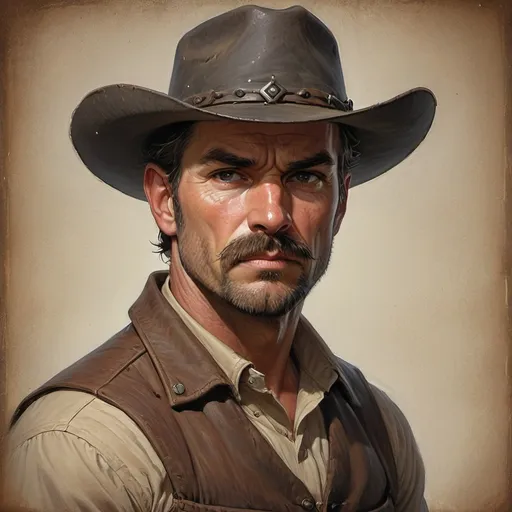 Prompt: A rugged and stern-looking man stares intently from the center of the image, his strong features framed by a wide-brimmed cowboy hat that casts a shadow over his serious expression. His well-groomed mustache adds to his authoritative demeanor, while his piercing eyes convey a sense of determination and experience. Dressed in a classic Western-style outfit with a brown coat and a necktie, he embodies the archetypal gunslinger of the Old West. The background is a warm, faded hue that enhances the focus on his face, creating a moody atmosphere that evokes a narrative of adventure and tension. This stylized portrayal captures the essence of a formidable character ready to face any challenge.