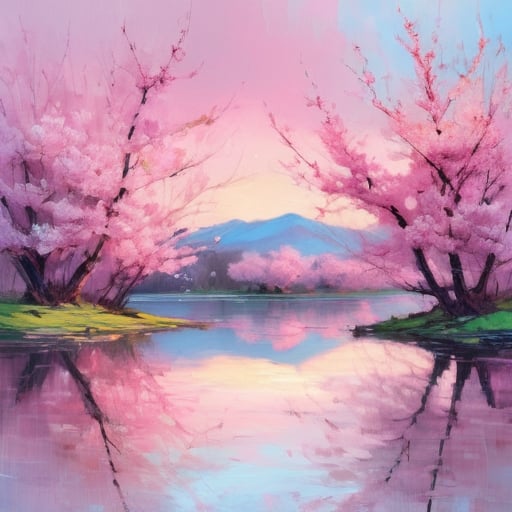 Prompt: A peaceful pink landscape, oil painting, cherry blossom trees in full bloom, serene lake reflecting the pink sky, high quality, impressionist, pastel pink tones, soft lighting