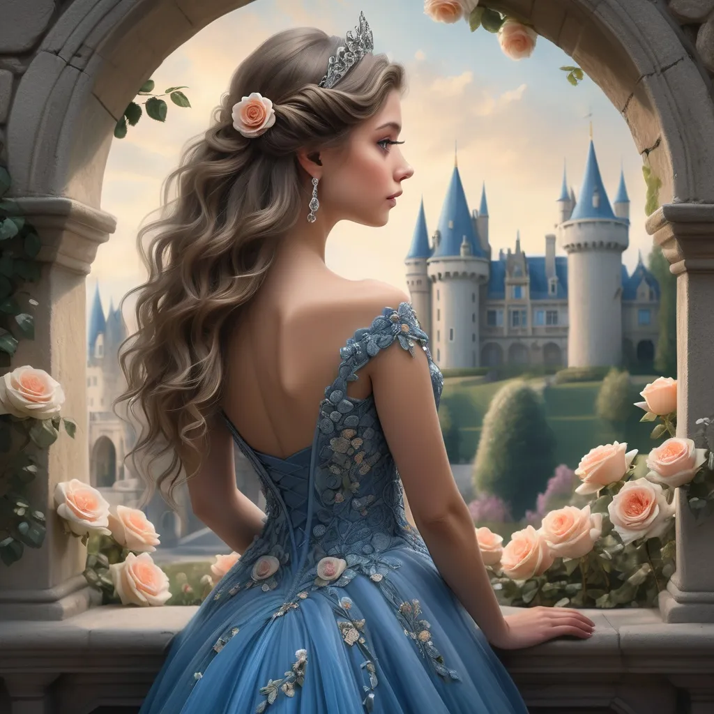 Prompt: Gracefully poised in an ornate stone archway adorned with blooming roses, a young woman in an elegant blue gown gazes towards a majestic castle in the distance. Her long, wavy hair cascades down her back, embellished with delicate floral accents and a sparkling tiara that reflect her regal charm. The soft daylight bathes the scene in a warm glow, accentuating the intricate details of her dress, which is adorned with shimmering embellishments. The background reveals a serene landscape with lush greenery and the striking architecture of the castle, creating an enchanting atmosphere filled with romance and wonder. The overall composition encapsulates a fairy-tale essence, inviting viewers into a world of beauty and magic.