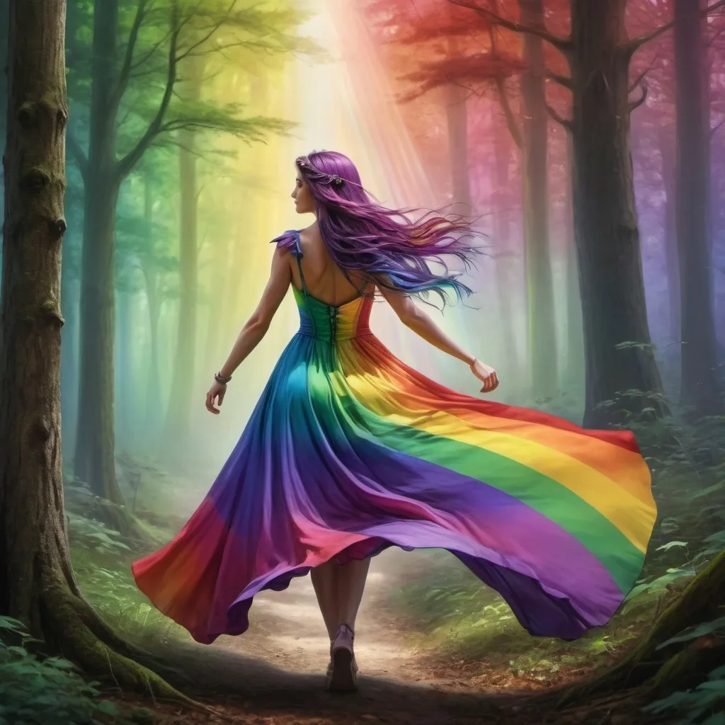 Prompt: a woman in a rainbow dress is walking through the woods with a rainbow colored dress on her shoulders and a rainbow - colored dress on her back, Anne Stokes, fantasy art, mystical colors, digital art