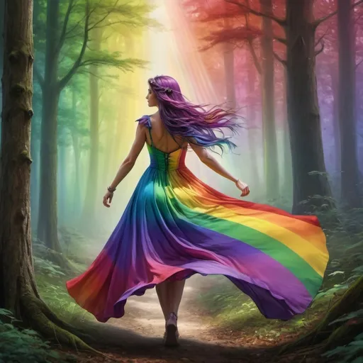 Prompt: a woman in a rainbow dress is walking through the woods with a rainbow colored dress on her shoulders and a rainbow - colored dress on her back, Anne Stokes, fantasy art, mystical colors, digital art