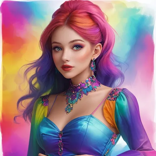 Prompt: a beautiful young woman dressed in vibrant colors