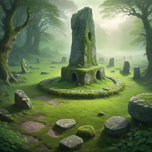 Prompt: Celtic fantasy landscape, lush greenery, mystical fog, ancient stone circle, ruins covered in moss, high quality, detailed painting, fantasy, magical, green tones, atmospheric lighting