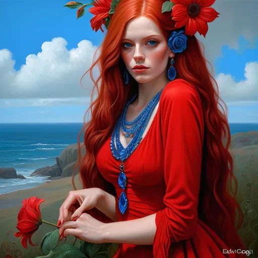 Prompt: a painting of a woman with long red hair wearing a red dress and a flower in her hair, with a blue necklace and earrings, Edwin Georgi, gothic art, highly detailed digital painting, a detailed painting