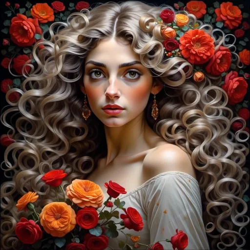 Prompt: <mymodel>Nataasha-Beautiful woman with flowers, oil painting, detailed fiery eyes, ethereal glow, dark and mysterious, high quality, vibrant colors, surreal, haunting, intricate floral details, intense gaze, mystical atmosphere, oil painting, demon, hybrid, fiery eyes, ethereal, vibrant colors, surreal, haunting, floral details, intense gaze, mystical atmosphere