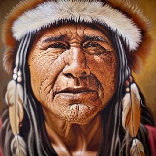 Prompt: Realistic oil painting of an native American man, weathered and wise, intricate patterns and textures, expressive eyes with a hint of sadness, wrinkled and kind smile, warm and earthy color palette, soft natural lighting, high quality, realistic, traditional, emotional portrait, detailed facial features, textured clothing, warm tones, atmospheric lighting background to be nature and low cuality picture
