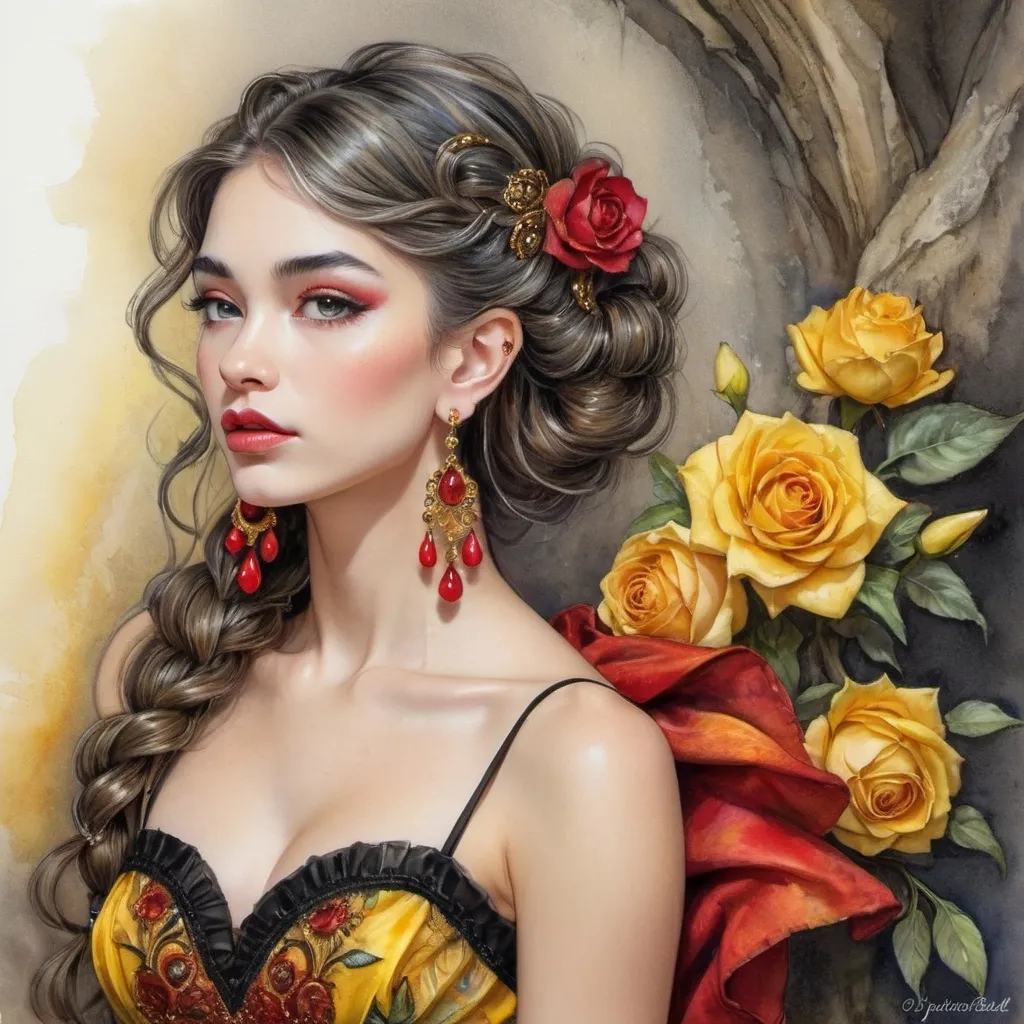 Prompt: <mymodel> beautiful woman, hair pinned up, yellow red black dress, earrings, Watercolor, trending on artstation, sharp focus, studio photo, intricate details, highly detailed, by  Josephine Wall and Jasmine Becket-Griffith