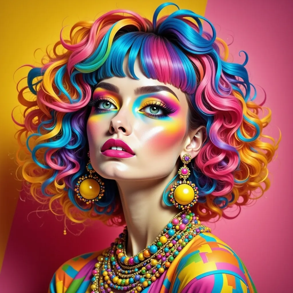 Prompt: a woman with bright hair and bright makeup is wearing a multicolored wig and earrings and a necklace, Alex Grey, neo-fauvism, technicolor, a stock photo