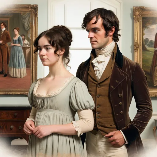 Prompt: Mr. Darcy and Elizabeth Bennet-a man and a woman in  18th century period dress standing next to each other in a room with a mirror on the wall, Cassandra Austen, pre-raphaelitism, promotional image, an impressionist painting