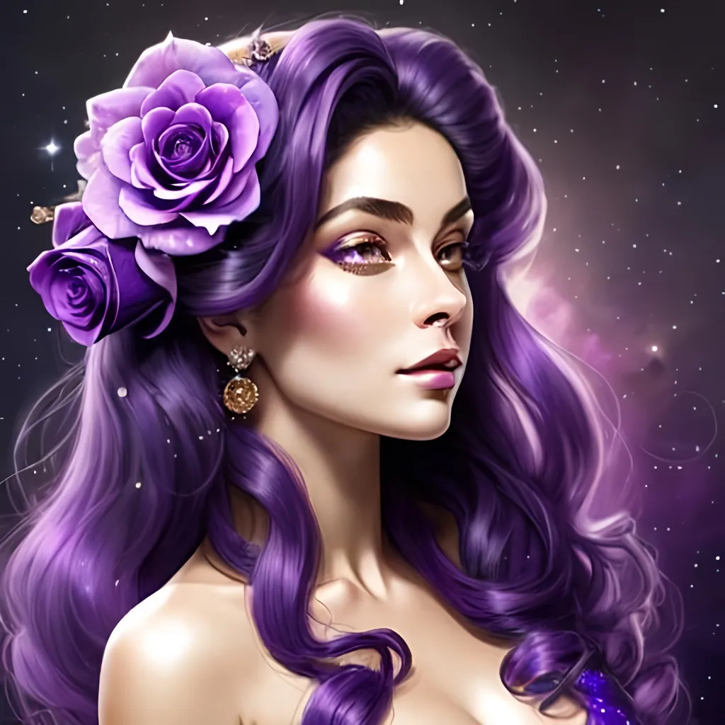 Prompt: Cosmic Epic Beauty, Beautiful and Gorgeous, purple roses in hair