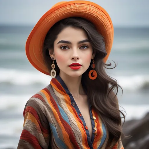 Prompt: A striking figure captures attention with her serene expression and vivid features, framed by cascading waves of rich, chocolate-brown hair. Dressed in a multi-colored garment adorned with intricate buttons, she exudes a unique blend of elegance and modernity. Her bright red lips contrast beautifully with the soft hues of her skin, while a classic, bright orange hat adds a playful touch. Surrounding her, a lush background of stylized plants and rounded shapes, rendered in vibrant greens and blues, creates a harmonious, almost whimsical atmosphere, enhancing the image's artistic flair and captivating mood. The overall composition reflects a vibrant and playful fusion of contemporary art styles, inviting the viewer into an enchanting visual narrative.