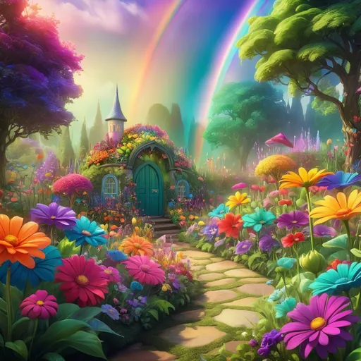 Prompt: Fantasy illustration of a vibrant rainbow-inspired flower garden, whimsical and magical, high-quality, fantasy style, rainbow colors, lush greenery, vibrant blooms, dreamy atmosphere, detailed petals, enchanting lighting, surreal, ethereal, mystical, vivid tones, fantasy setting, fantasy flora, best quality, highres, ultra-detailed, whimsical, magical, vibrant colors, dreamy, enchanted garden