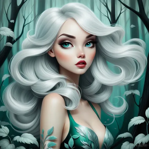 Prompt: The beautiful young lady with blowing platinum hair illustration art by Lori Earley, Daria Endresen, Tristan Eaton. Whimsical forest background, Extremely detailed, intricate, beautiful. 
