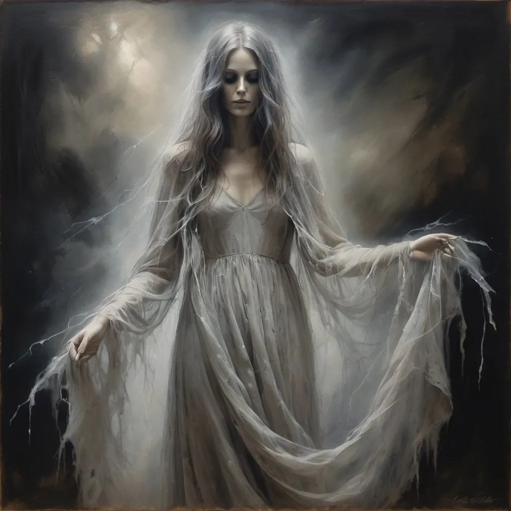 Prompt: Ethereal oil painting of a haunting ghost, eerie and desaturated atmosphere, tattered ethereal gown, wispy tendrils, ghostly, haunting, desaturated, ethereal, oil painting, detailed, atmospheric lighting