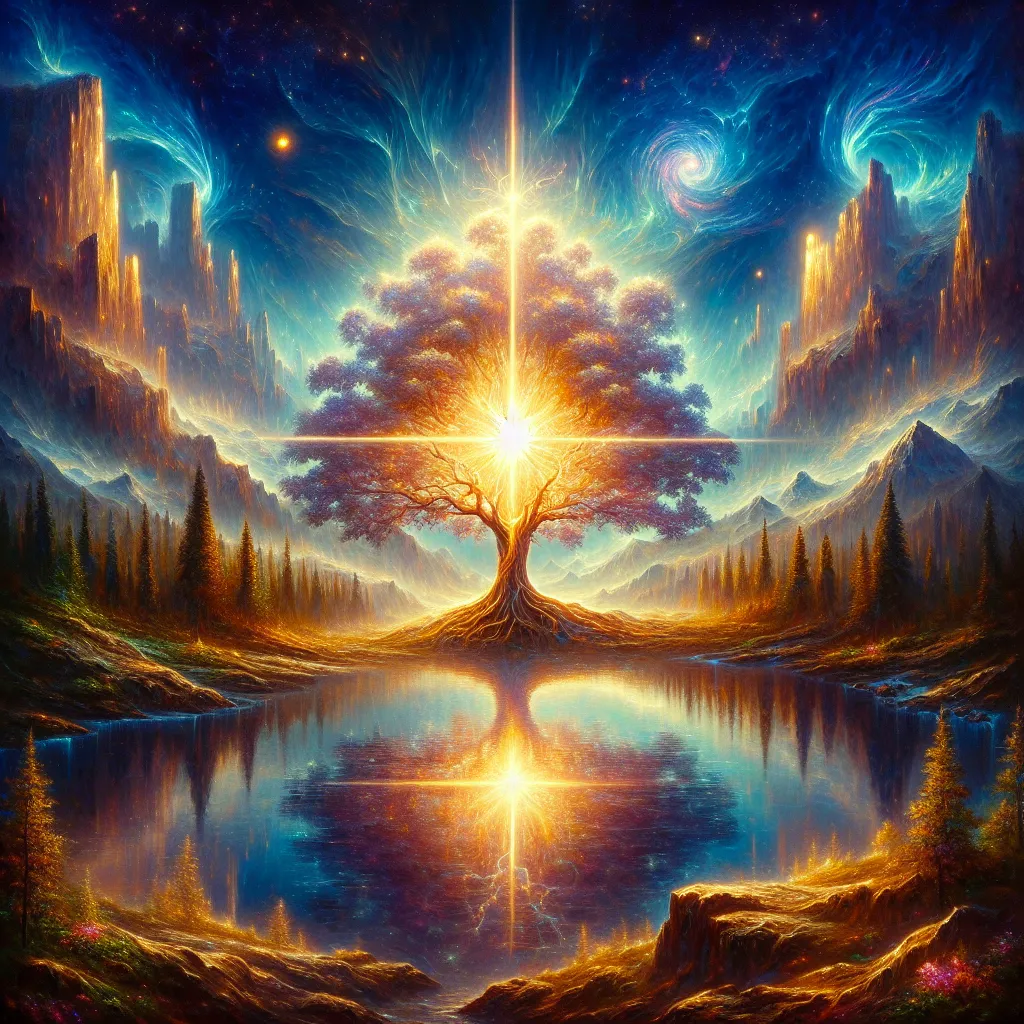 Prompt: a tree with a light in it and a star above it, surrounded by mountains and water, with a bright light shining in the center, Alex Grey, fantasy art, key art, poster art