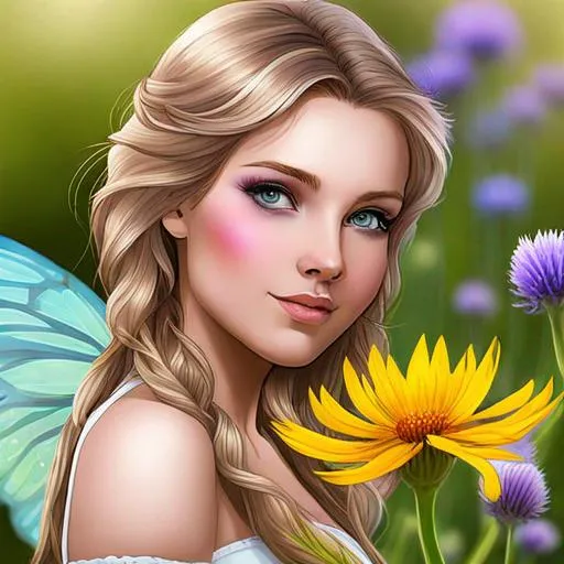 Prompt: a fairy of spring, ,wildflowers, vivid colors,  facial closeup