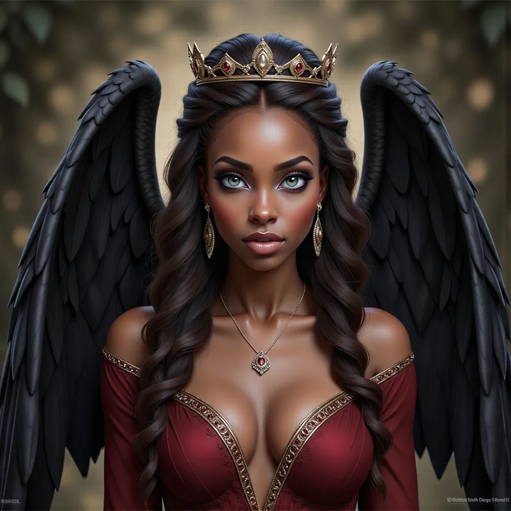 Prompt: a woman with a crown on her head and wings on her back and a red dress with gold trimmings and a red dress with gold trim, Anne Stokes, gothic art, dark fantasy art, a detailed painting