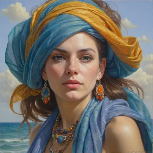 Prompt: <mymodel> a woman with a colorful scarf and earrings on her head and a necklace on her neck and a necklace on her neck, Donato Giancola, figurative art, extremely detailed oil painting, a photorealistic painting