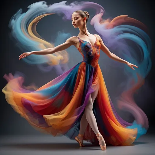 Prompt: A stunning digital artwork depicting a graceful ballerina in mid-pose, captured at the peak of her movement. She wears a magnificent, flowing dress that appears to be made of swirling, colourful smoke or liquid, creating a dynamic and ethereal effect. The dress transitions through a spectrum of vibrant colours, from deep purples and blues to fiery reds, oranges, and yellows, which seem to trail behind her as she dances. Her poised stance and the fluidity of her attire convey a sense of elegance and motion, with the dark background further emphasizing the bright, explosive colours of the dress. The image beautifully captures the essence of ballet combined with a surreal, almost magical atmosphere.