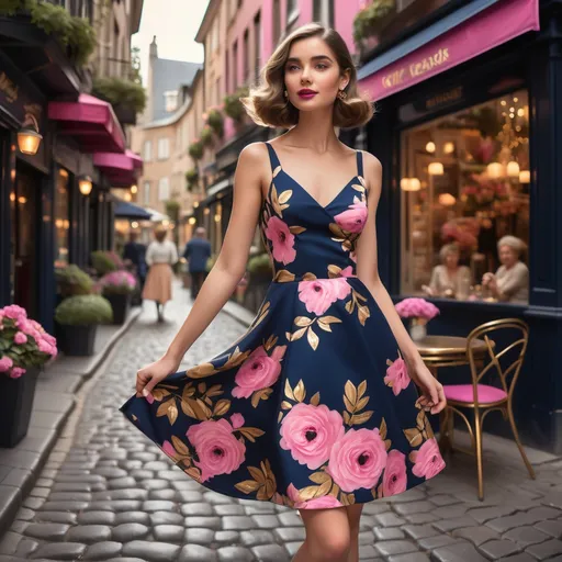 Prompt: A glamorous young woman stands confidently in the heart of a charming, cobblestone street, adorned with cafes and flower-lined balconies, her inviting expression reflecting warmth and elegance. She wears a striking A-line dress featuring bold floral patterns in vibrant pinks and gold against a deep navy backdrop, which flares out as she moves, capturing the essence of vintage chic. Her styled hair and statement jewelry, including large earrings and a delicate necklace, enhance her poised presence, while a small, stylish bag adds a modern touch. The scene exudes a romantic ambiance, illuminated by soft, warm lighting filtering through the shop windows, suggesting a delightful afternoon in a picturesque European locale.