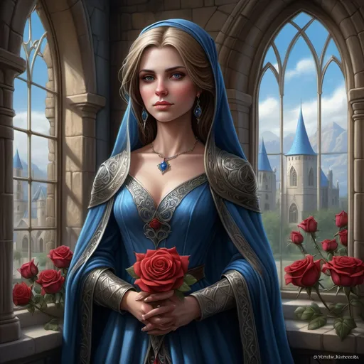 Prompt: a princess in a 12th century dress standing in front of a window with roses around her and a blue shawl, Anne Stokes, fantasy art, highly detailed digital painting, a character portrait