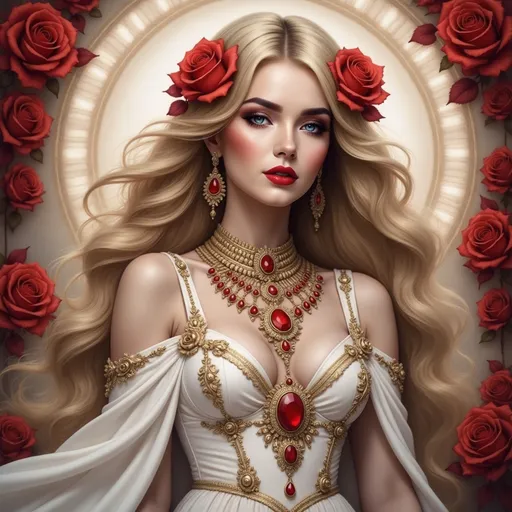 Prompt: Radiating an aura of elegance and mystique, a striking figure adorned with roses and intricate jewelry commands attention. Her long, flowing hair cascades down her shoulders, framing a delicately beautiful face highlighted by bold red makeup on her eyes and lips. Clothed in a stunning white gown embellished with golden patterns and deep red gemstones, she stands against a backdrop of swirling cosmic colors, evoking a celestial vibe. The warm light emanating behind her, resembling a radiant halo, adds a divine quality to her presence, while the rich red roses surrounding her enhance the romantic and enchanting atmosphere of the image. Through this captivating composition, a narrative of beauty, power, and otherworldliness unfolds.