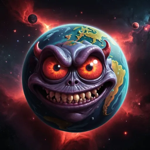 Prompt: Demonic cartoon planet in space