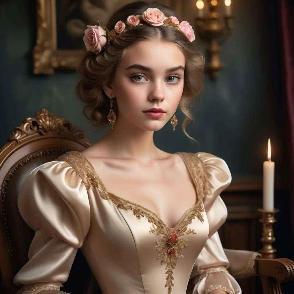 Prompt: A striking young woman exudes elegance as she gazes with a soft yet confident expression, her enchanting features framed by luxurious locks adorned with delicate roses and a jeweled headband. Dressed in a stunning satin gown with puffy sleeves and intricate gold detailing, she sits gracefully on an ornate wooden chair in a dimly lit, vintage interior that hints at old-world charm. The rich, muted colors of her surroundings, accentuated by the soft glow of a candle nearby, create a warm, intimate atmosphere, while the gentle play of light highlights her porcelain skin and bold crimson lips. The composition captures a timeless beauty, evoking a sense of romance and sophistication that resonates deeply.