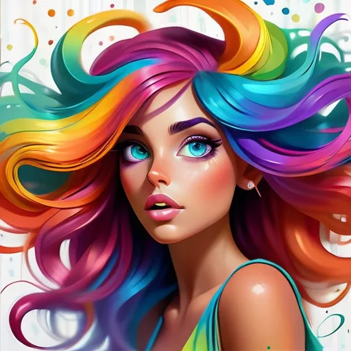 Prompt: Colorful digital painting of a vibrant young woman, flowing rainbow hair, twinkles, expressive eyes, whimsical fantasy setting, high-quality, digital painting, colorful, vibrant, flowing hair, expressive eyes, whimsical, fantasy, detailed, professional, bright colors, atmospheric lighting