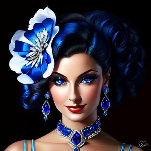 Prompt: Glamorously dressed lady of rhe 1930's wearing sapphire jewelry,blue eyes