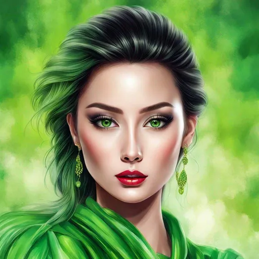 Prompt: <mymodel>Detailed illustration of a asian woman in vibrant green attire, large vivid green eyes, elegant makeup, digital painting, high resolution, realistic style, vibrant green, professional lighting