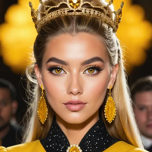 Prompt: Queen bee-A beautiful woman with thick, full honey golden hair arrainged in a top knot behind a gold tiara. Amber colored eyes, gown in colors of yellow and black, facial closeup