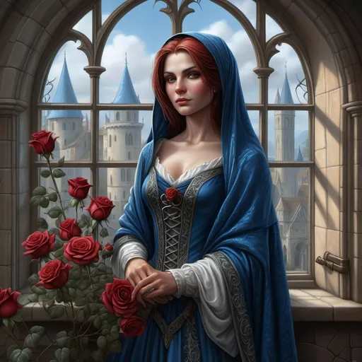 Prompt: a woman in a 15th century dress standing in front of a window with roses around her and a blue shawl, Anne Stokes, fantasy art, highly detailed digital painting, a character portrait