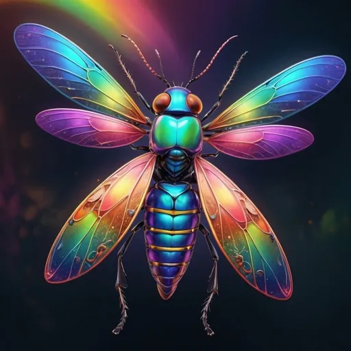 Prompt: Vibrant digital illustration of colorful insects, intricate details, vivid and lively, high quality, digital art, fantasy, rainbow colors, glowing wings, exotic patterns, macro perspective, iridescent sheen, surreal, magical lighting, intricate composition, ethereal atmosphere