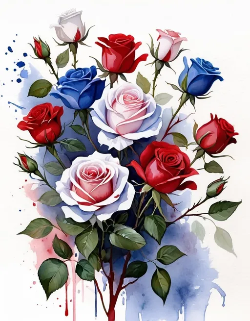 Prompt: <mymodel> watercolor,red, white and blue rose bush