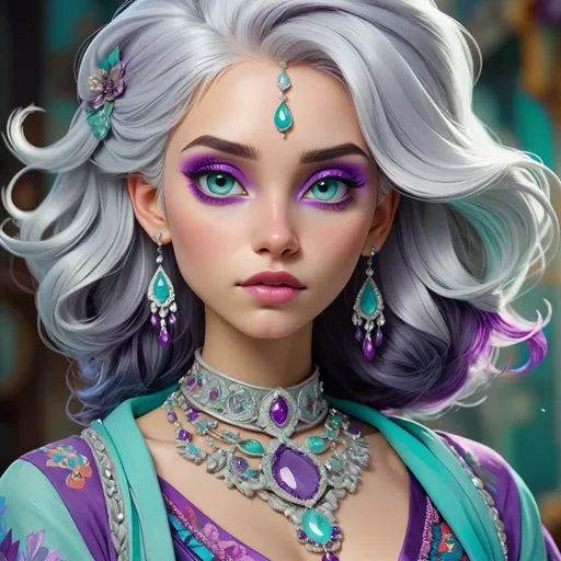 Prompt:  illustration of a young woman with beautiful silver hair, aqua and purple tones, elaborate jewelry, detailed makeup, colorful attire