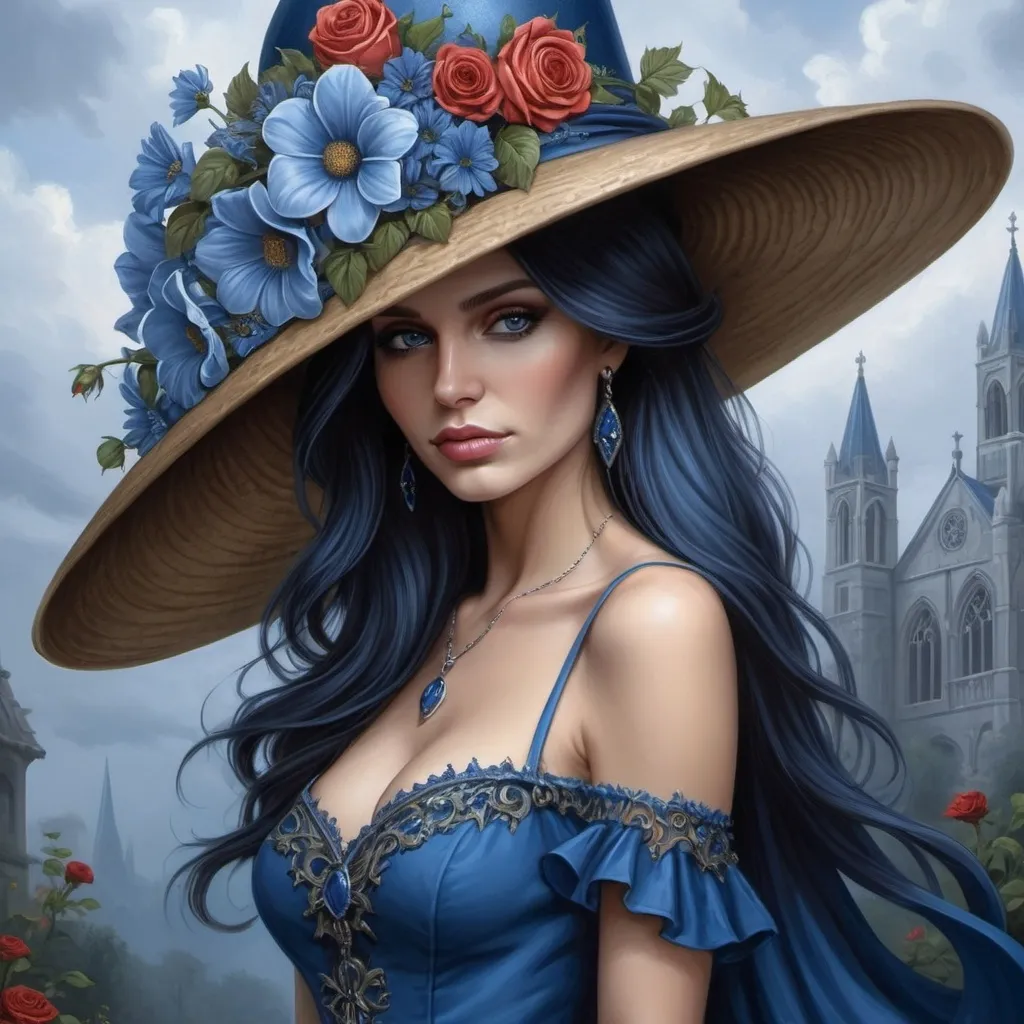 Prompt: a painting of a woman wearing a large blue hat with flowers on it's head and a blue dress, Anne Stokes, gothic art, highly detailed digital painting, a detailed painting