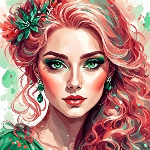 Prompt: <mymodel>Detailed illustration of a woman in vibrant green attire, large vivid green eyes, elegant makeup, digital painting, high resolution, realistic style, vibrant green, professional lighting