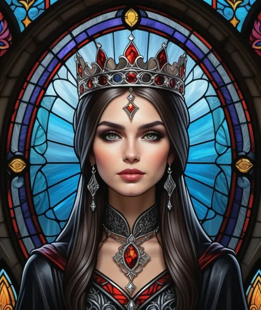 Prompt: a woman with a crown on her head in front of a stained glass window photo by alex klos, Anne Stokes, gothic art, highly detailed digital painting, a detailed drawing