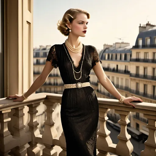 Prompt: Envision a sophisticated woman striking a poised stance on a sun-drenched Parisian balcony, elegantly clad in a refined Chanel ensemble from the 1930s. The fabric glimmers under the soft, golden light of the late afternoon sun, accentuating the intricate details of her outfit—an elegant black dress adorned with delicate lace and pearls, cinched at the waist with a slender belt. Her hair is styled in classic waves, framing her face, where a subtle smile plays on her lips as she gazes into the distance, lost in thought. The backdrop features the iconic rooftops of Paris, with hints of blooming flowers cascading from nearby window boxes, evoking a sense of timeless elegance and nostalgia. The scene captures a dreamy watercolor illustration style that beautifully complements the grace and charm of the 1930s fashion.